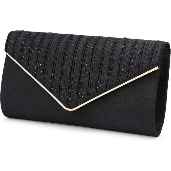 ⚡  Women's Evening Rhinestones Envelope Style Chain Strap Black Clutch Handbag - Picture 3 of 6